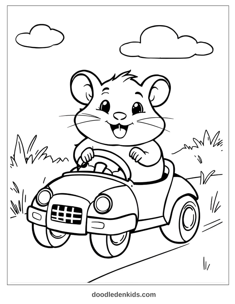 Cartoon hamster driving a toy car, smiling, whimsical kids’ coloring page illustration.