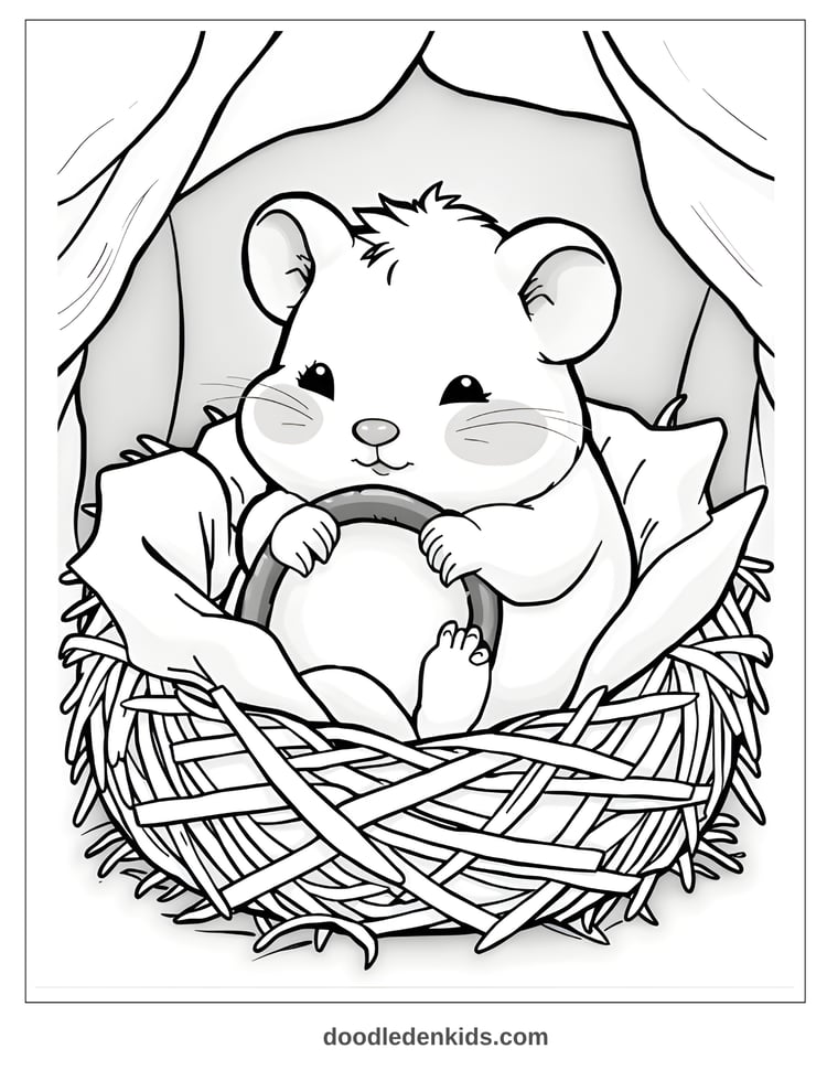 Cozy hamster curled up in a straw nest, peaceful and warm, children’s coloring page.