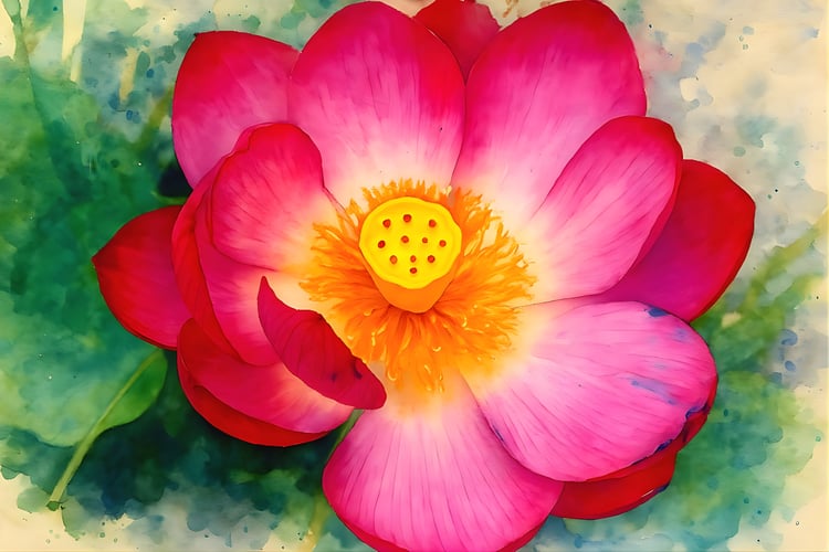 Lotus flower photography, watercolor effect, macro floral art, pink lotus, spiritual flower, zen garden, meditation art, fine art print, wall decor for home, gift for yoga lovers, calming atmosphere, vibrant colors, nature close-up, symbolic bloom, serene