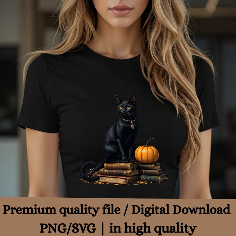 Black Cat, Halloween, Sublimation, PNG, SVG, Pumpkin, Fall, Digital Clipart, Commercial Use, Witchcraft, Mystic, Crafting, Crafts, 300dpi Design, Black Cat Clipart, Transparent File, Halloween Digital Art, Old Books, Fall Decor, Black Cat, Cat Clipart,