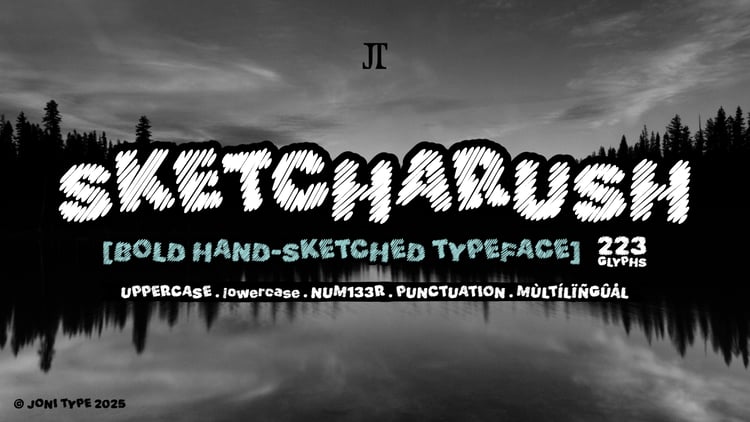 Sketcharush bold hand-sketched typeface display font cover preview with mountain reflection background.