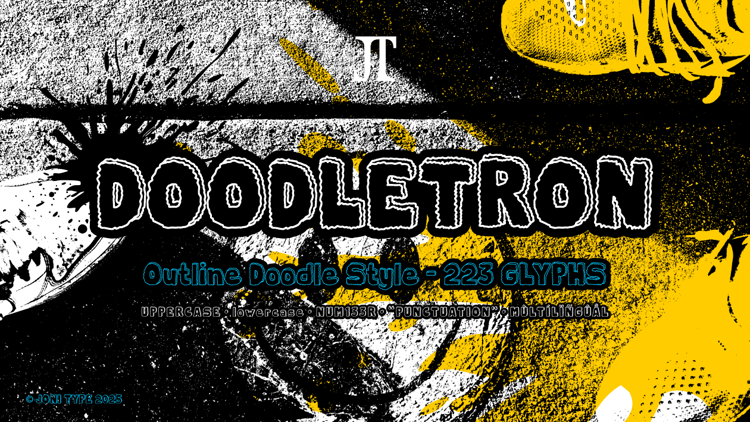 Doodletron outline doodle display font cover preview with yellow and black grunge background, featuring hand-drawn lettering and splash effect.