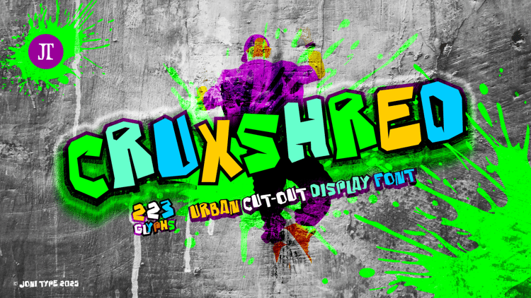 Cruxshred font cover with bold urban cut-out lettering in bright neon colors over grunge concrete background and paint splatter.