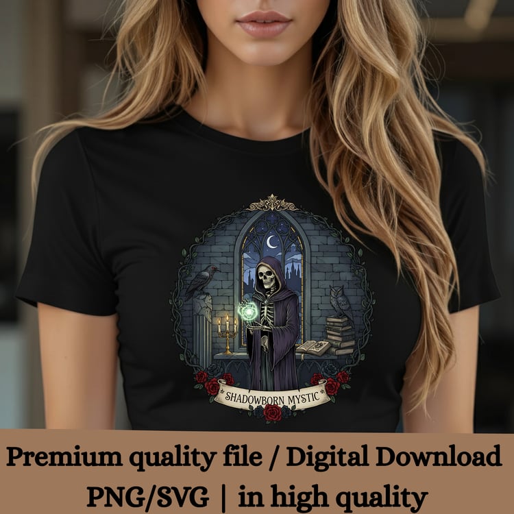 Mystic Skeleton, Witchcraft, Gothic Design, Shadowborn Mystic, Halloween PNG, SVG, Sublimation, Dark Magic, Grim Reaper, Halloween Clipart, Dark Fantasy, Owl, Raven, Death, Commercial Use, 300dpi, Transparent PNG, Gothic Window, Crafting, Mystic Art, Dark