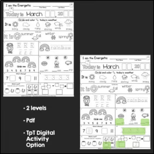 March Kindergarten Morning Work Math and ELA PDF and Digital