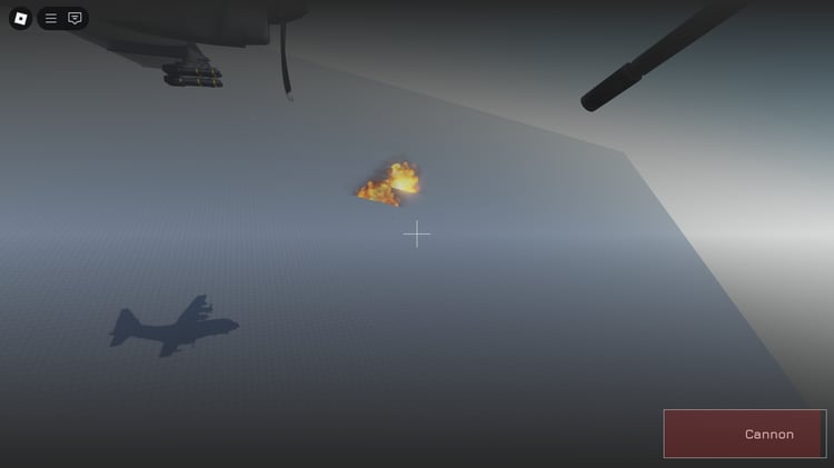 Roblox war map with gunship flying over terrain