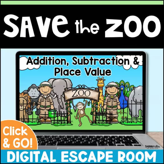 Addition & Subtraction within 20 & Place Value Math Game Digital Zoo Escape Room