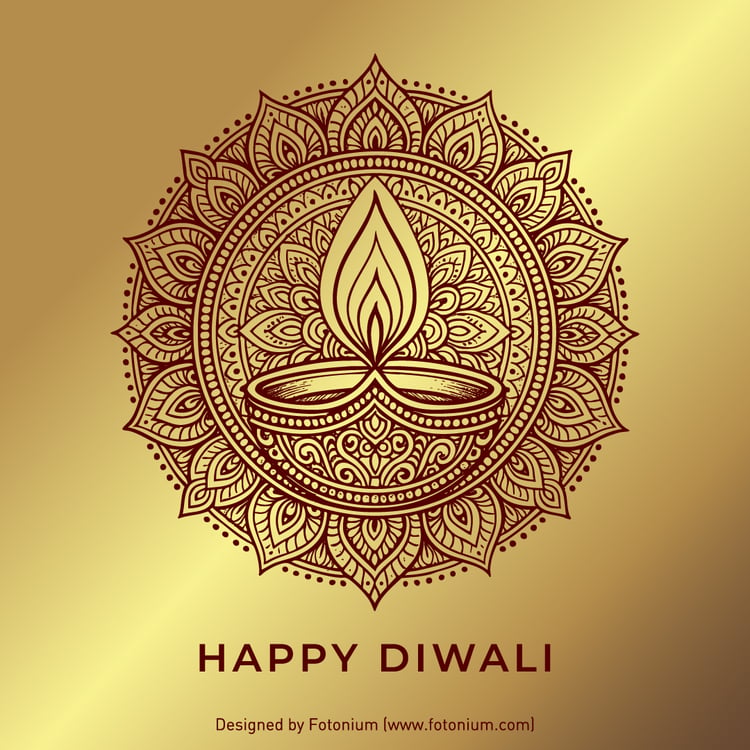 Celebrate the spirit of Diwali with this elegant vector illustration featuring a beautifully detailed mandala and a traditional diya lamp, set against a luxurious gold background.