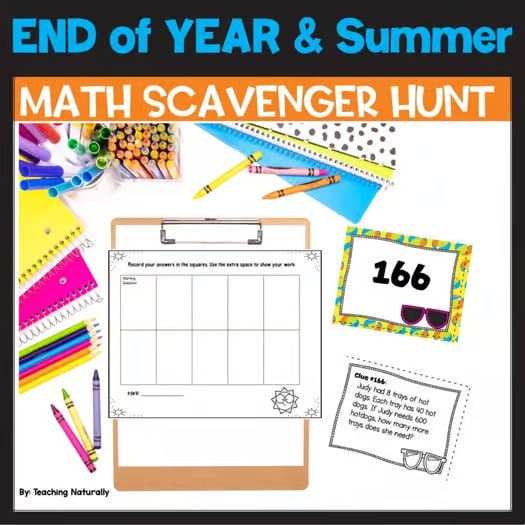 End of Year Summer Math Activities Word Problems Scavenger Hunt Test Prep