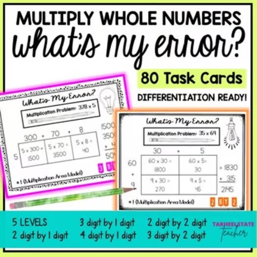 Area Model Multiplication Error Analysis Multi Digit Multiplication Task Cards