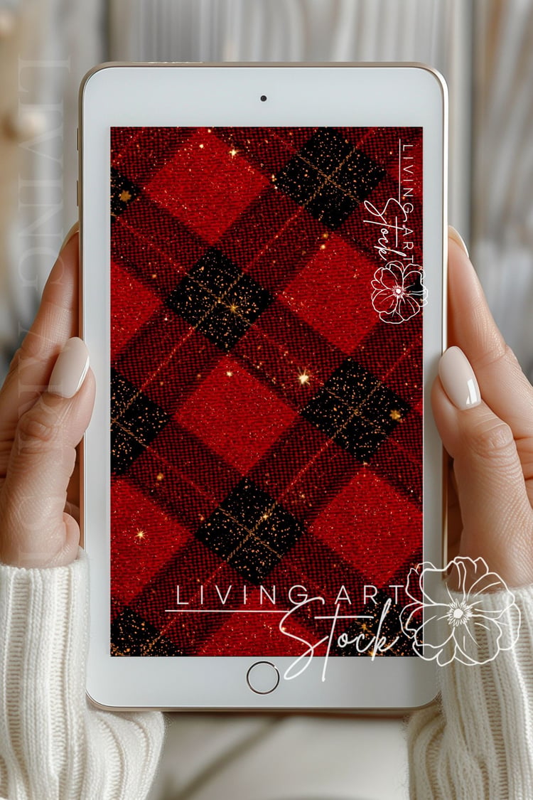 Red Christmas Plaid Wallpaper with Gold Sparkles