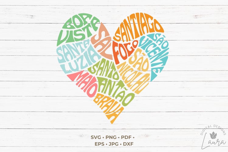 Celebrate the vibrant beauty of the Cape Verde Islands with our stunning Cape Verde Heart SVG cut file! This unique word art design features intricately designed island names, creatively shaped into a heartfelt heart, perfect for adding a touch of island