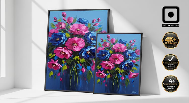 Fuchsia and Blue Abstract Floral Oil Painting Vertical Poster – Simple Poster Presentation