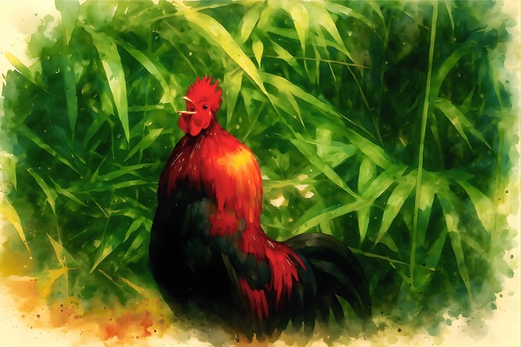 rooster painting, watercolor rooster, red rooster art, farm animal painting, rooster in greenery, vibrant bird art, tropical rooster, M.A.L.K art, photodeck animal, google images rooster, watercolor animal, rooster symbolism, rustic kitchen decor, bold bi