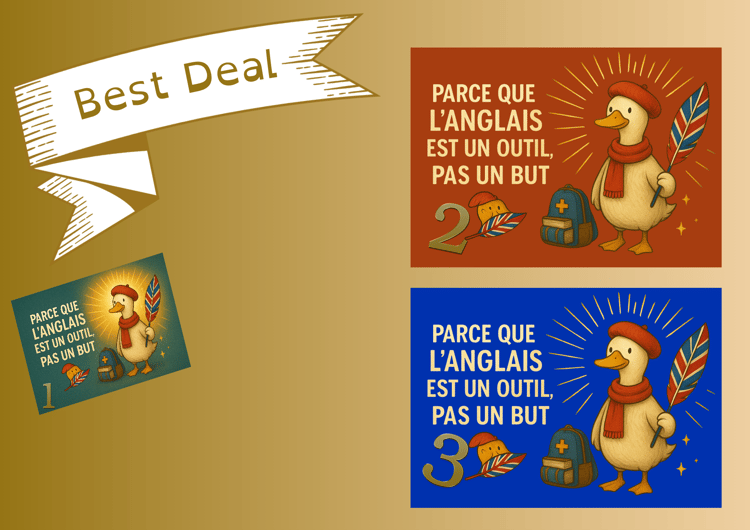 Collection des trois niveaux de cours en ligne d'anglais medical : Jacques de Canard avec la plume UK	“Jacques de Canard – mascotte du cours d’anglais médical PatternsToPower”