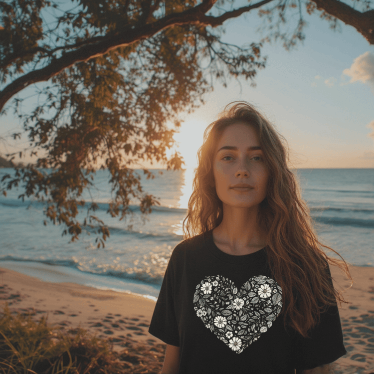 Shabby boho botanical flower heart t-shirt graphic