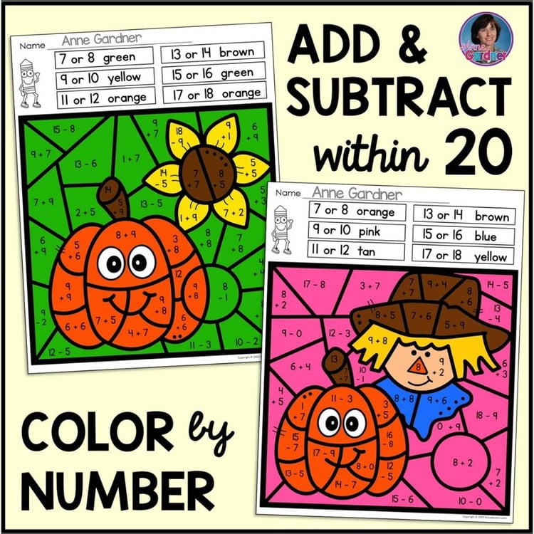 Halloween & Pumpkin Color by Number Add & Subtract within (to) 20 Math Activity