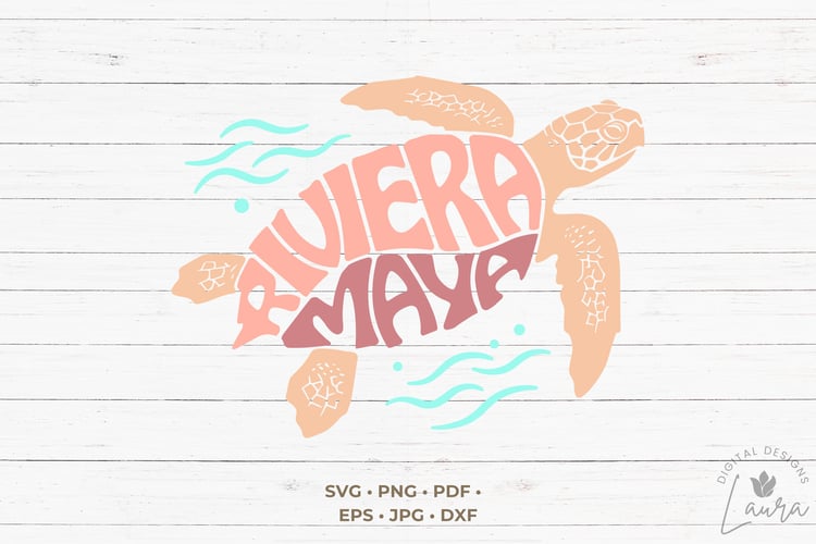 This design features the words Riviera Maya creatively made into the shape of a sea turtle.