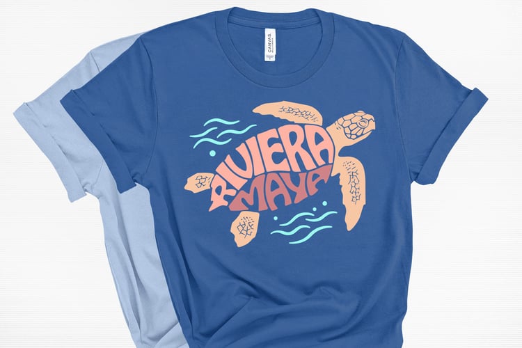 This design features the words Riviera Maya creatively made into the shape of a sea turtle.