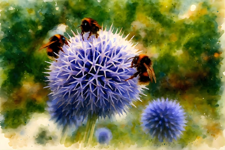 bumblebee art, watercolor bumblebee, bees on globe thistle, blue thistle flower, echinops bumblebees, watercolor nature art, pollinator art, bee photography art, garden watercolor, bumblebee painting style, M.A.L.K photography, photodeck nature art, googl