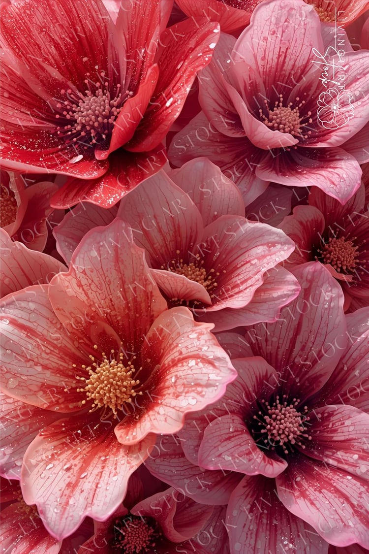 A dynamic and intensely saturated close-up illustration of densely packed, stylized flowers that fill the entire frame. The palette is dominated by vibrant hues of hot pink, fuchsia, and deep crimson red, with lighter pastel pinks and white highlights, gi