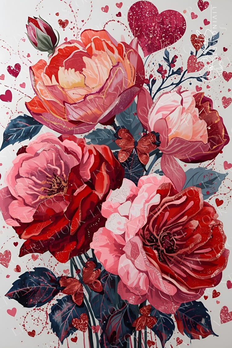 A passionate and highly stylized illustration of a dense bouquet of flowers in vibrant shades of red, crimson, and various tones of pink, set against a clean white background. The peonies, are rendered with visible, painterly strokes and shimmering glitte
