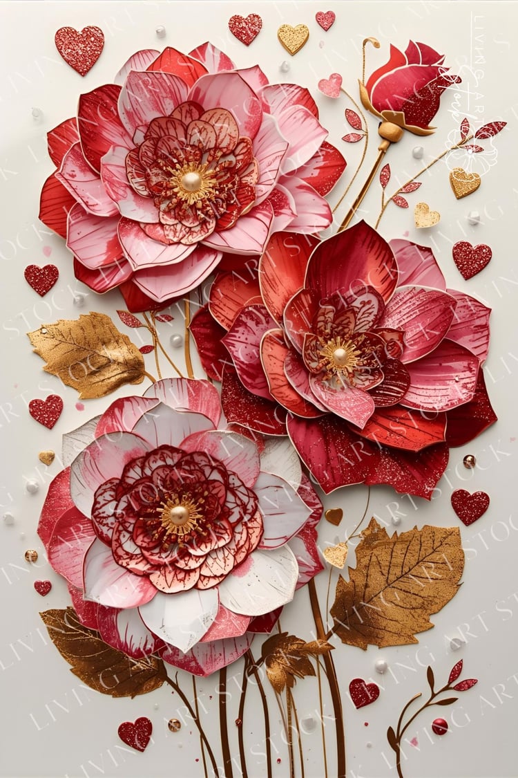 A stunning vertical illustration of three large, intricate flowers in shades of deep red and bright pink, designed to look like a multi-layered, three-dimensional paper cut or decoupage artwork. The flowers are highly detailed with metallic gold accents o