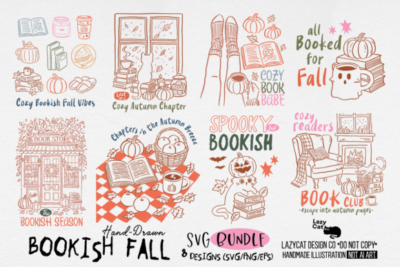 bookish fall hand drawn svg png bundle preview image for Cricut and Silhouette projects