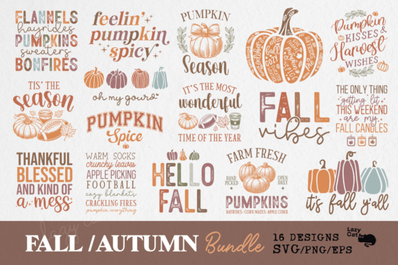 fall autumn svg png bundle preview with 16 seasonal designs for cricut