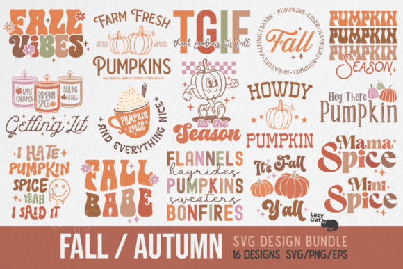 fall svg png bundle preview showing 16 cozy autumn designs