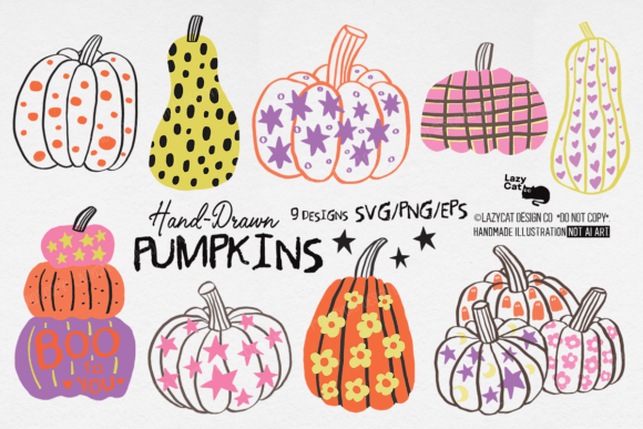 pumpkin hand drawn fall svg png set preview with 9 rustic clipart designs