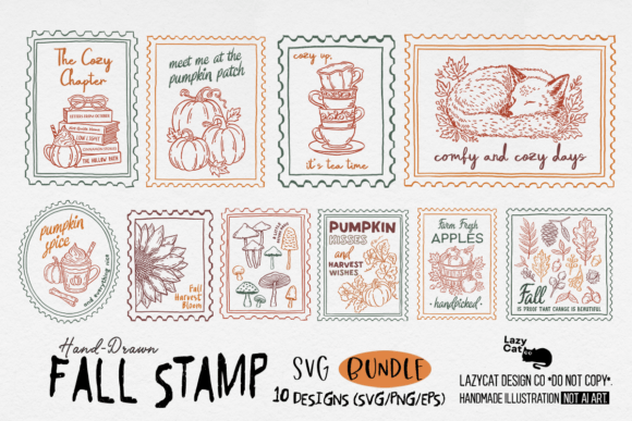 fall stamp hand drawn svg png bundle preview with 10 autumn designs and commercial license