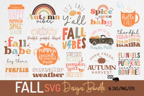 fall svg design bundle preview with 16 autumn craft designs for commercial use