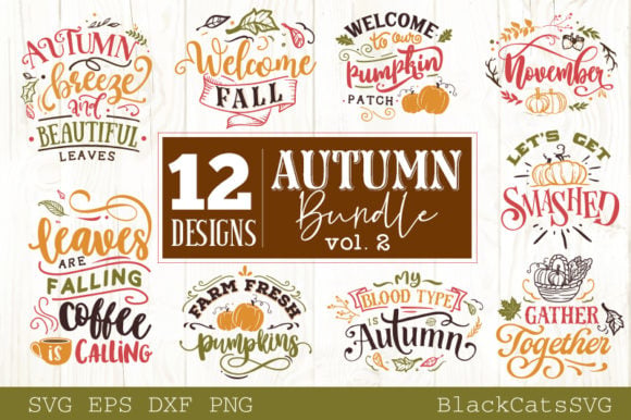 autumn svg bundle preview with 12 fall word art designs and commercial license