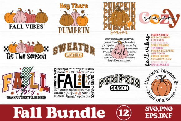 fall season svg bundle preview with 12 designs and commercial license