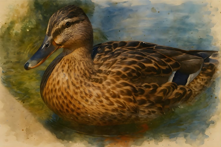 mallard duck, female mallard, hen duck, duck art, waterfowl art, duck watercolor, bird painting, mallard art, duck on water, wildlife art, bird art print, waterfowl painting, duck portrait, female duck art, mallard watercolor, duck wall decor, bird lover