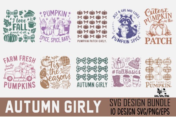 fall autumn girly svg sublimation bundle preview with 10 designs and commercial license