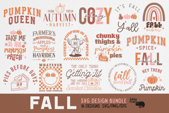 fall svg png bundle preview with 16 color and black designs and commercial license