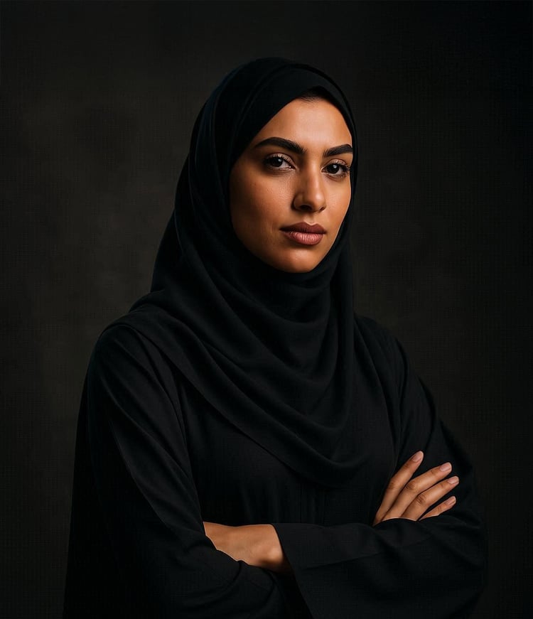 Professional studio portrait of a confident Muslim businesswoman wearing a black hijab and formal business attire.