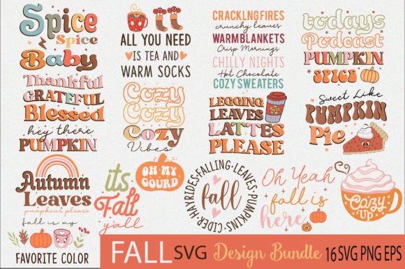 fall svg design bundle preview with 16 designs and commercial license