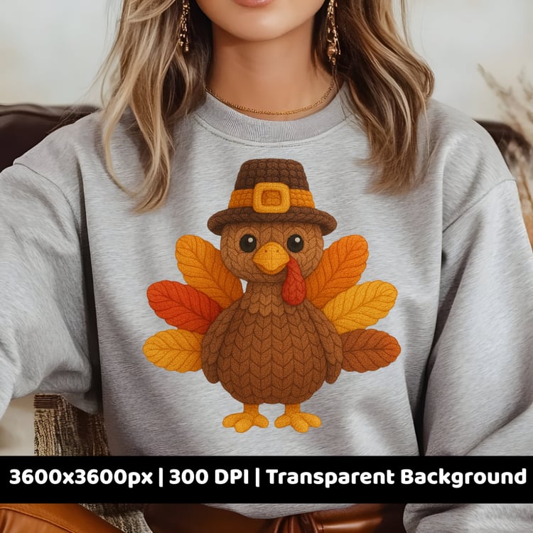 Cute crochet-textured turkey PNG with warm fall colors and a pilgrim hat. Perfect for Thanksgiving sublimation, digital stickers, and cozy holiday crafts. 3600x3600px, 300 DPI, transparent background.
