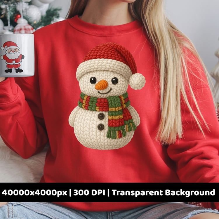 Crochet snowman PNG with Santa hat and striped Christmas scarf. Cozy handmade knit texture perfect for Christmas sublimation, stickers, and winter crafts. 4000x4000px, 300 DPI, transparent background.