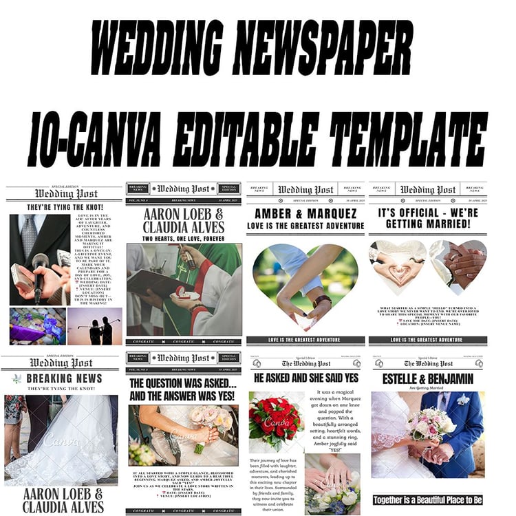 Wedding Newspaper Canva Template, Editable Wedding Program, Wedding Canva Template, Marriage Newspaper, Custom Wedding Layout, Canva Editable Template, Cupid Post Wedding Design, Digital Download, Printable Wedding Newspaper, Canva Pro Template, Wedding S