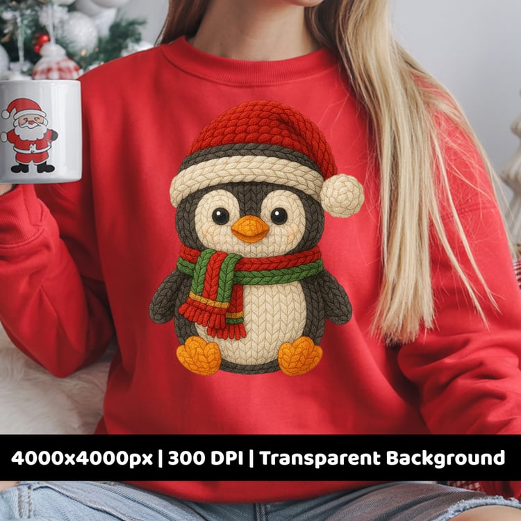 Crochet penguin PNG with cozy handmade knit texture, Santa hat, and scarf. Perfect for Christmas sublimation, stickers, and winter crafts. 4000x4000px, 300 DPI, transparent background.