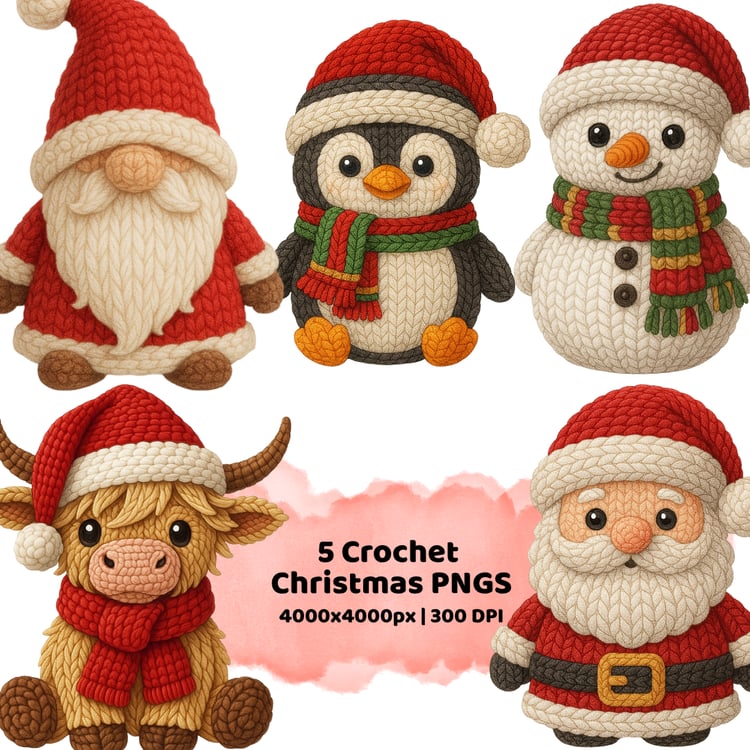 Crochet Christmas PNG bundle featuring Santa, Snowman, Penguin, Gnome, and Highland Cow. Cozy handmade yarn texture perfect for holiday sublimation, stickers, and apparel.