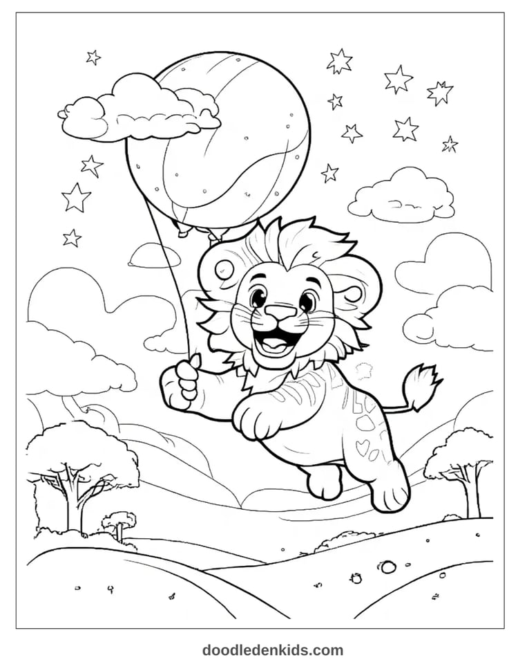 lion-safari-balloon-coloring-page.png – Lion in a sun-shaped balloon waving to zebras and giraffes below in the clouds.