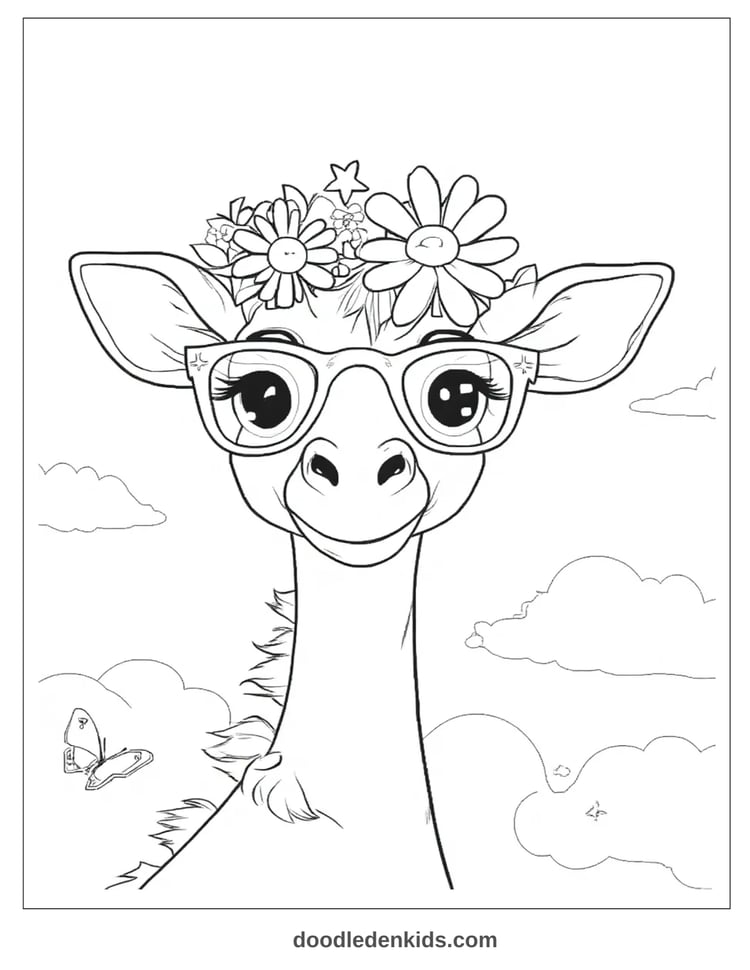 giraffe-safari-coloring-page.png – Giraffe wearing star sunglasses and a flower crown with butterflies and smiling clouds.