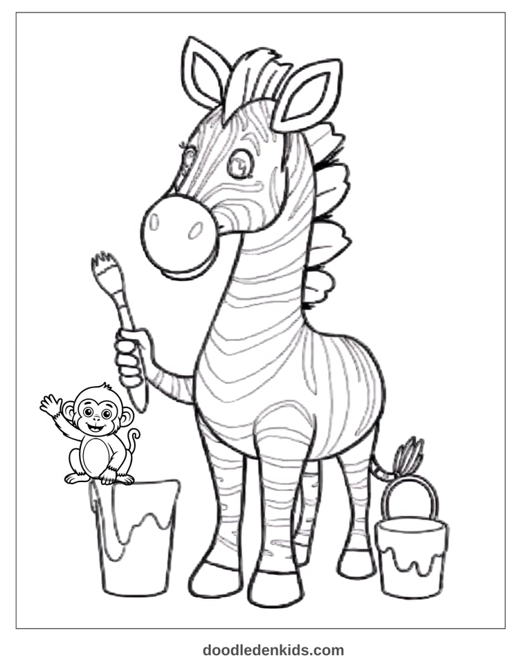 zebra-painting-rainbow-safari-coloring-page.png – Zebra painting rainbow stripes on itself with monkey helper holding paint bucket.