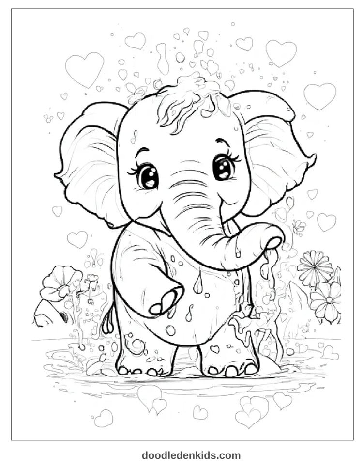 baby-elephant-rainbow-splash-safari-coloring-page.png – Baby elephant spraying rainbow water with birds and hearts.