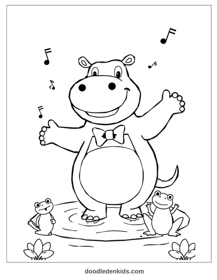 dancing-hippo-safari-coloring-page.png – Hippo wearing bowtie dancing in mud with frogs and musical notes.